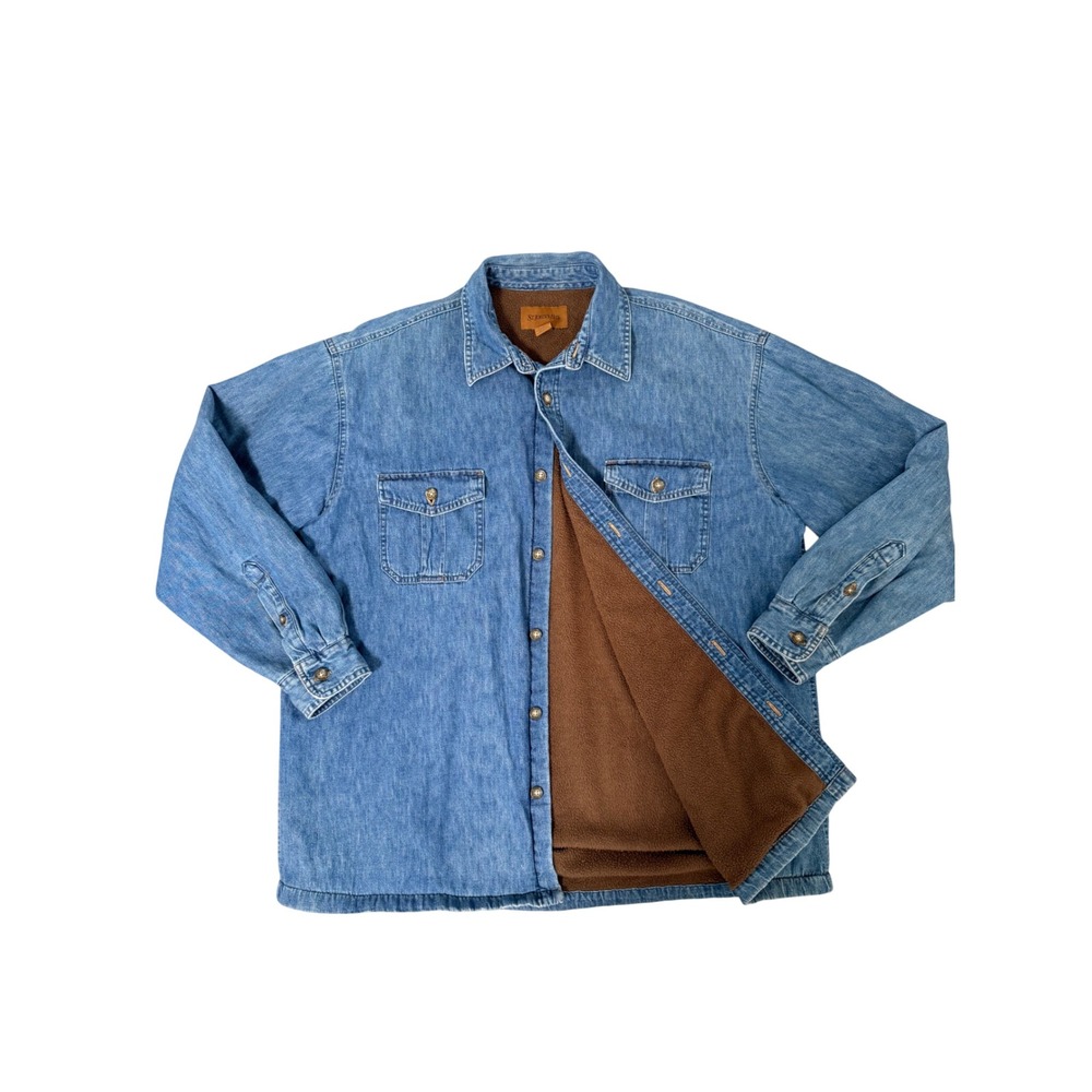 St Johns Bay Mens XL Blue Denim Fleece Lined Shirt Jacket Shacket 100% Cotton